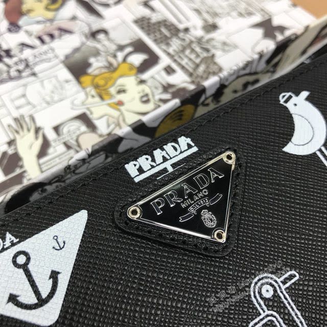 prada錢包 普拉達2020最新款限量版拉鏈錢夾 2ML317 Prada鯨魚圖案黑色長錢包  pyd2409